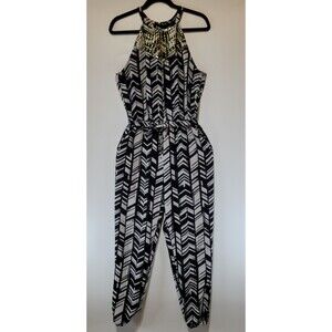 Marilyn Monroe Beaded Halter Black & White Geometric Belt/Zipper Jumpsuit Size M